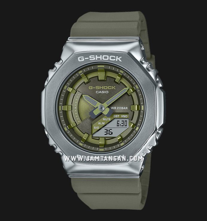 Casio G-Shock GM-S2100-3ADR CasiOak Metal Covered Digital Analog Dial Green Olive Resin Band
