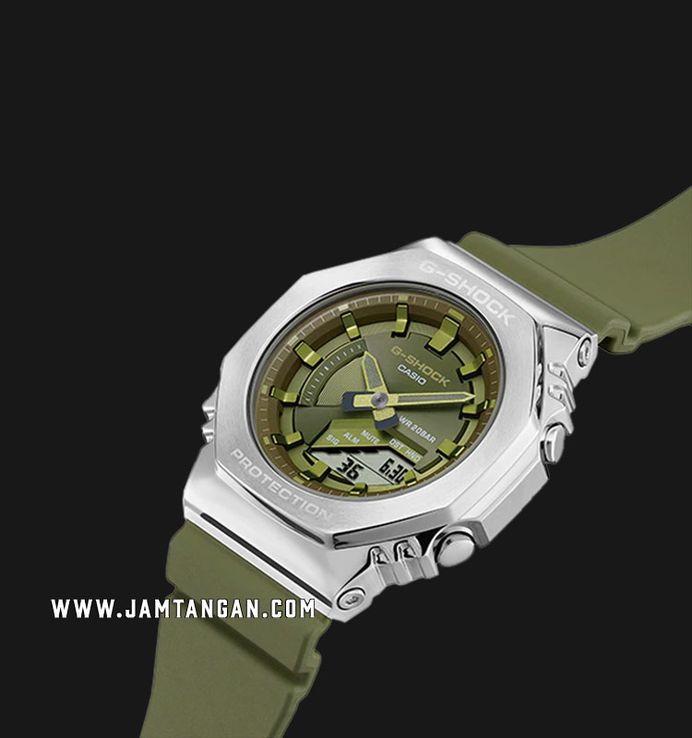 Casio G-Shock GM-S2100-3ADR CasiOak Metal Covered Digital Analog Dial Green Olive Resin Band