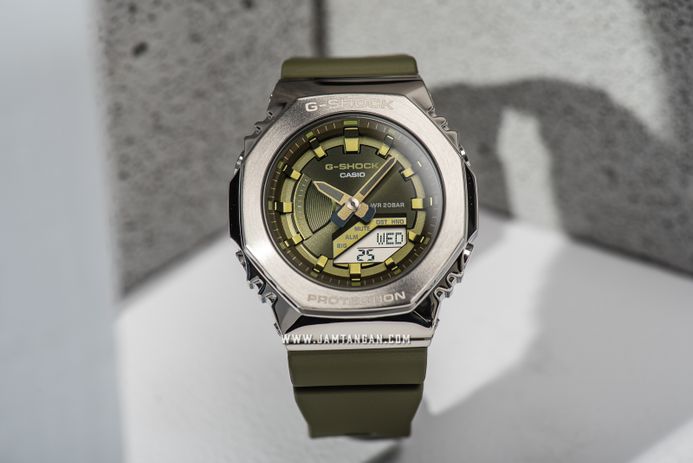 Casio G-Shock GM-S2100-3ADR CasiOak Metal Covered Digital Analog Dial Green Olive Resin Band
