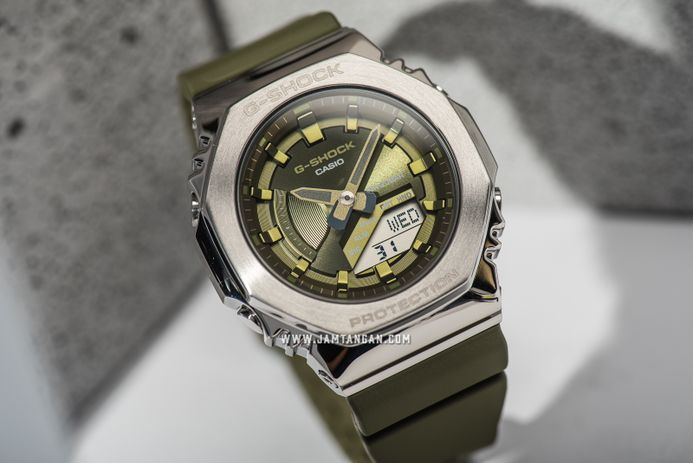 Casio G-Shock GM-S2100-3ADR CasiOak Metal Covered Digital Analog Dial Green Olive Resin Band