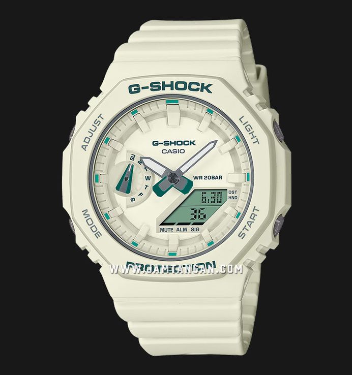 Casio G-Shock GMA-S2100GA-7ADR CasiOak Green Accent Series Digital Analog Dial White Resin Band