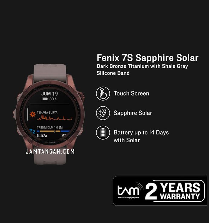 Garmin Fenix 7S 010-02539-54 Smartwatch Sapphire Solar Bronze Digital Dial Shale Gray Silicone Strap