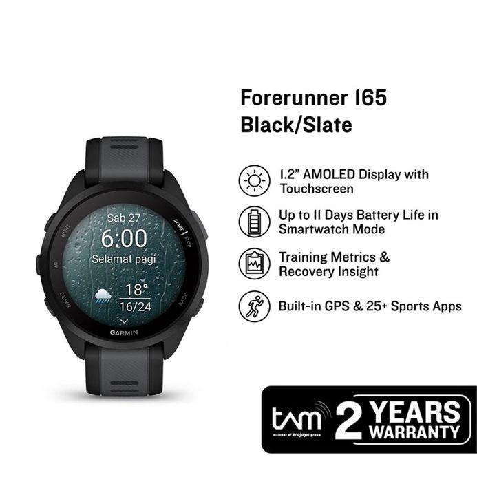 Garmin Forerunner 165 010-02863-A0 Smartwatch Digital Dial Black Slate Grey  Silicone Strap