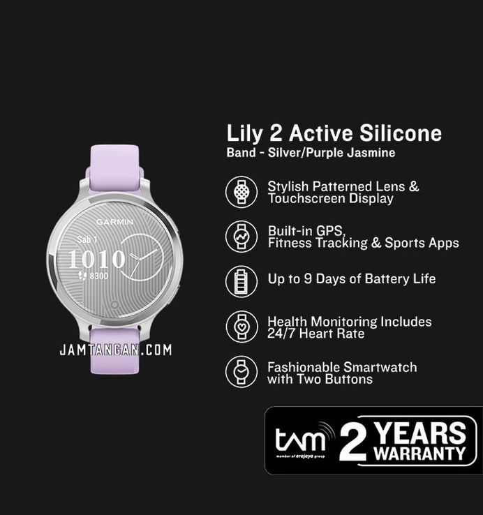 Garmin Lily 2 Active 010-02891-51 Smartwatch Digital Dial Silver with Purple Jasmine Silicone Band