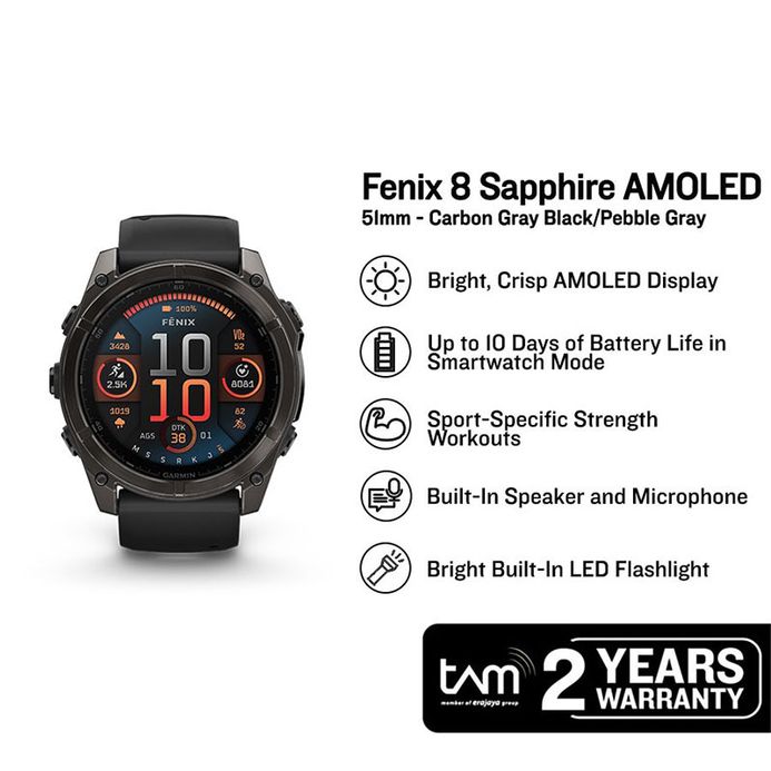 Garmin Fenix 51 010-02905-63 Smartwatch Amoled Carbon Gray DLC Titanium  Pebble Gray Silicone Band