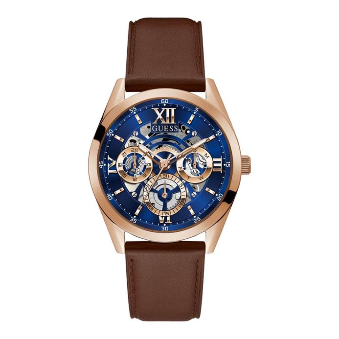 Guess Tailor GW0389G3 Men Open Heart Blue Dial Brown Leather Strap