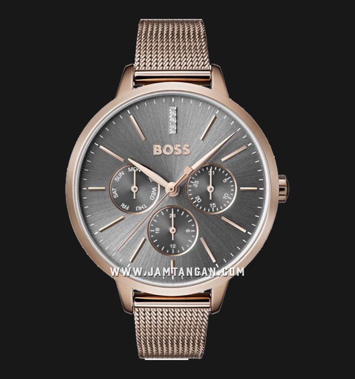 Hugo Boss Symphony 1502424 Ladies Black Dial Rose Gold Mesh Strap