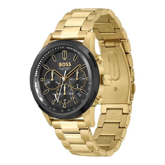 Hugo Boss Solgrade 1514033 Men Solar Chronograph Black Dial Gold Stainless  Steel Strap