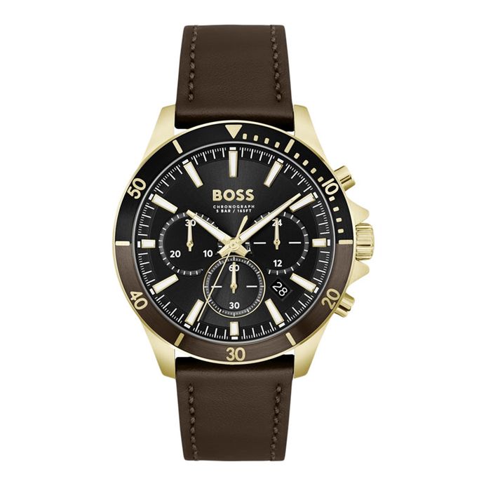 Hugo Boss Troper 1514100 Men Chronograph Black Dial Brown Leather Strap