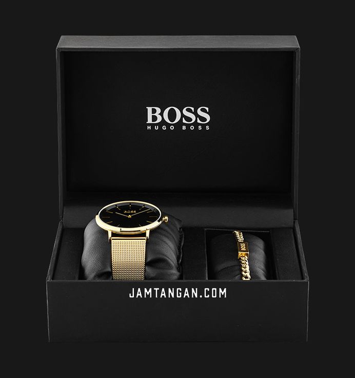 Hugo Boss 1570152 Ladies Gift Set Black Dial Gold Mesh Strap