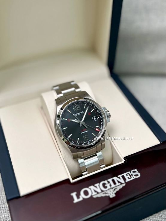 Longines Conquest GMT Black Carved Dial Stainless Steel  Strap
