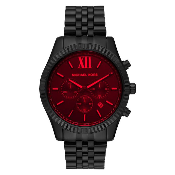 black michael kors mens watch with crystals Michael Kors MK8733 Men Lexington Chronograph Red Crystal Dial Black  Stainless Steel Strap