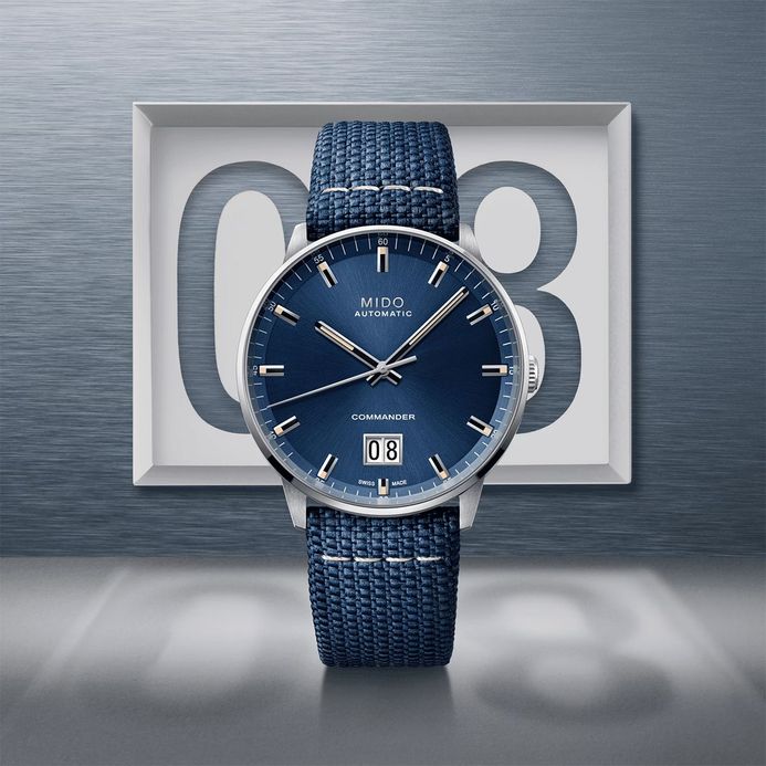 Mido Commander M021.626.17.041.00 Big Date Blue Dial Blue Fabric Strap