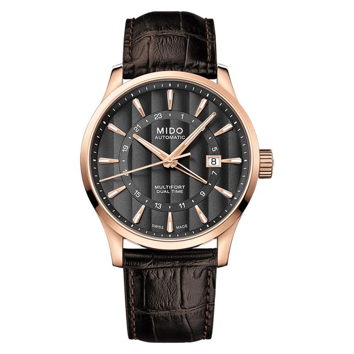 MIDO Multifort Dual Time Automatic Anthracite Dial Brown  Leather Strap