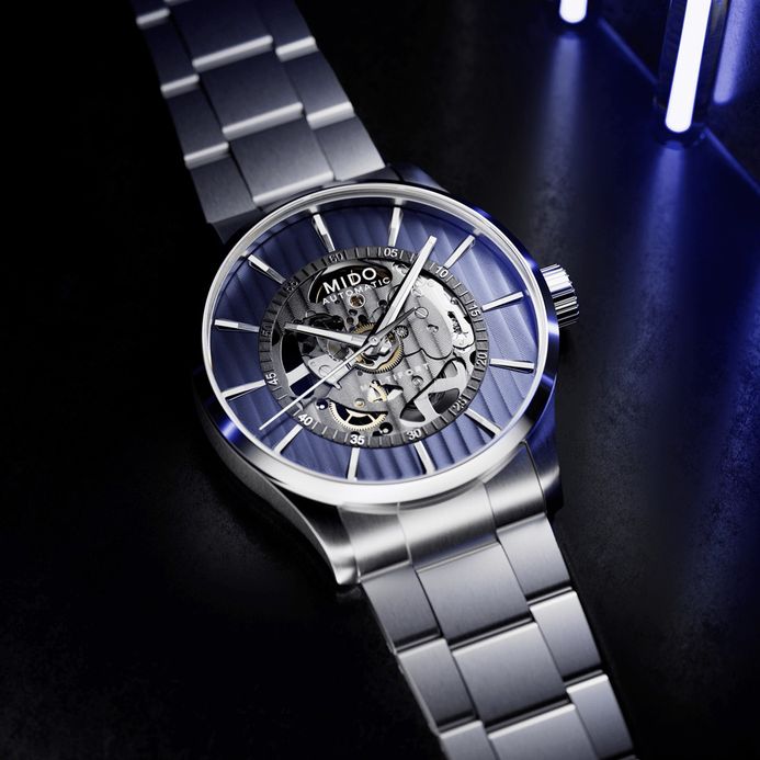 MIDO Multifort M038.436.11.041.00 Skeleton Vertigo Automatic Blue Dial Stainless Steel Strap