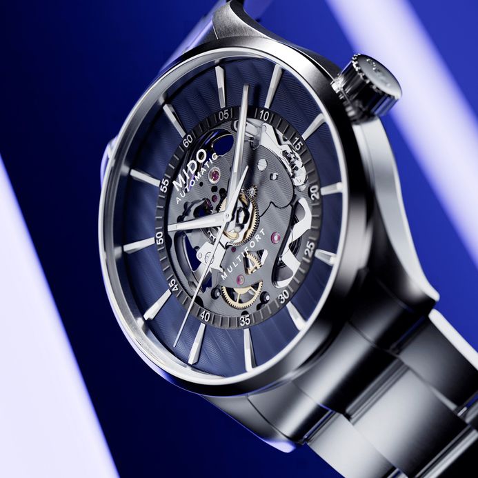MIDO Multifort M038.436.11.041.00 Skeleton Vertigo Automatic Blue Dial Stainless Steel Strap