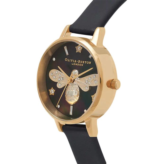 Olivia Burton Sparkle Bee OB16GB08 Black MOP Dial Black Leather