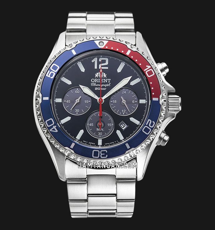 Orient Sports RA-TX0201L Mako Solar Pepsi Diver Chronograph Navy Blue Dial Metal Strap