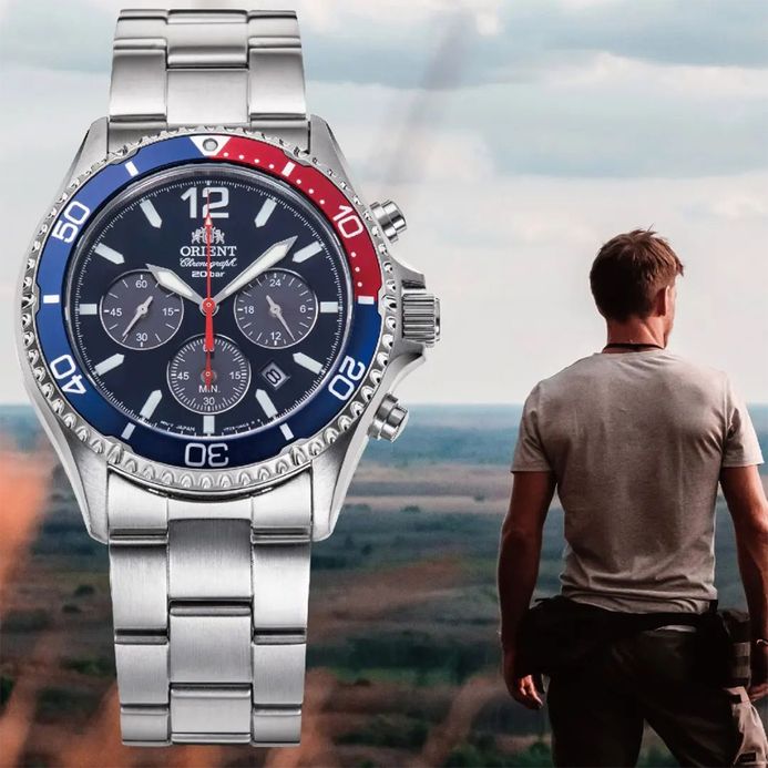 Orient Sports RA-TX0201L Mako Solar Pepsi Diver Chronograph Navy Blue Dial Metal Strap