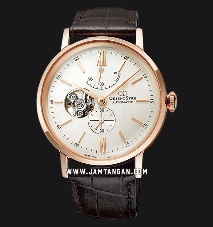Orient Star Elegant RE-AV0001S Men Open Heart Champagne Dial Brown Leather Strap