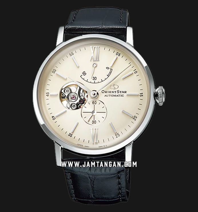 Orient Star Elegant RE-AV0002S Men Open Heart Champagne Dial Black Leather Strap