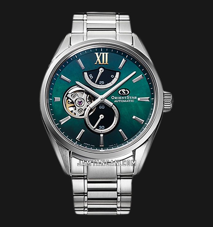 Orient Star RE-BY0005A Mechanical M34 Men Open Heart Mother Of Pearl Green Dial Metal Strap
