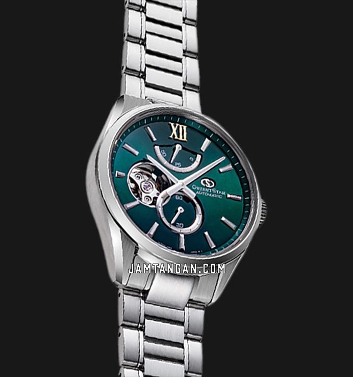 Orient Star RE-BY0005A Mechanical M34 Men Open Heart Mother Of Pearl Green Dial Metal Strap