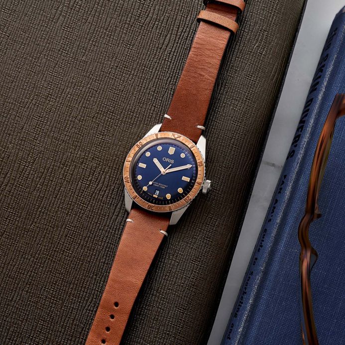 Oris Divers 01-733-7707-4355-07-5-20-45 Sixty-Five Blue Dial Brown Leather Strap