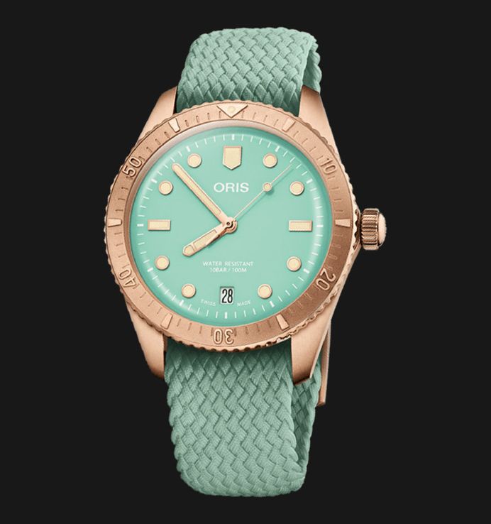 Oris Divers Sixty-Five 01-733-7771-3157-07-3-19-03BRS Cotton Candy Green Dial Green Nylon Strap