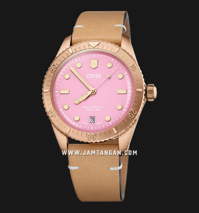 Oris Divers Sixty-Five 01-733-7771-3158-07-5-19-04BR Cotton Candy L. Pink Dial Brown Leather Strap