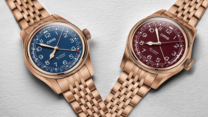 Oris Big Crown 01-754-7741-3165-07-8-20-01 Pointer Date Bronze Blue Dial Rose Gold St. Steel Strap