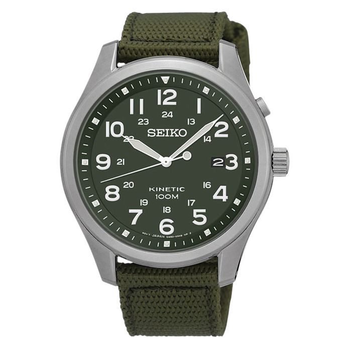 Seiko Kinetic SKA725 SKA725P1 Silver Case Green Military Dial