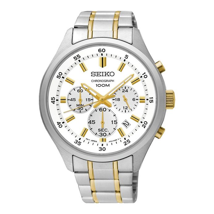 Seiko Chronograph SKS589 SKS589P1 Men White Dial Dual Tone