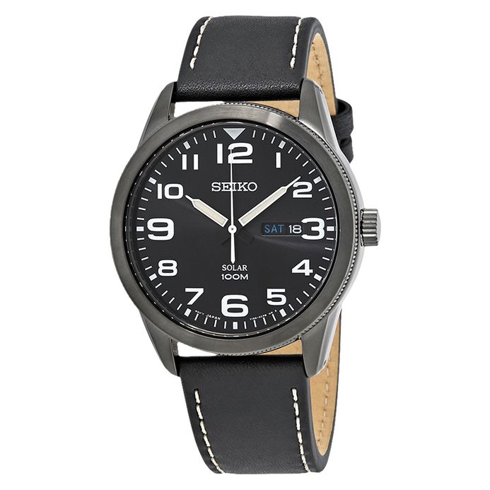 Seiko Solar SNE477 SNE477P1 Men Black Dial Black Leather Strap
