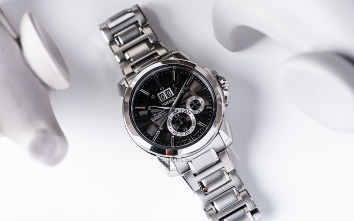 Seiko Premier SNP165P1 Big Date Perpetual Black Dial Stainless Steel Strap
