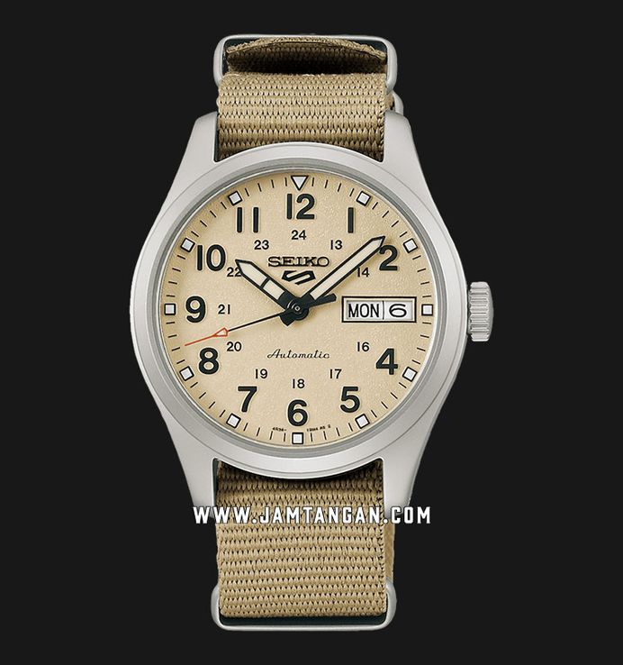 Seiko 5 Sports SRPJ83K1 Mid-Field Sports Style Automatic Men Beige Dial Beige Nylon Strap