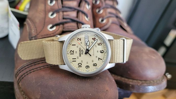 Seiko 5 Sports SRPJ83K1 Mid-Field Sports Style Automatic Men Beige Dial Beige Nylon Strap