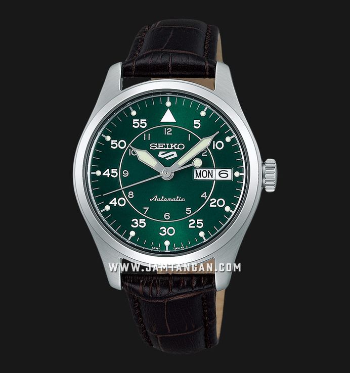 Seiko 5 Sports SRPJ89K1 Flieger Suits Style Kelly Green Flieger Black Leather Strap
