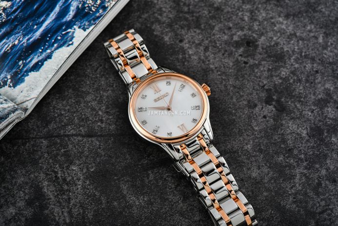 Seiko Ladies SRZ542P1 Diamond Mother Of Pearl Dial Dual Tone Stainless Steel Strap