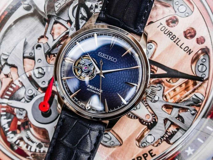Seiko Presage SSA405J1 Cocktail Time Blue Moon Open Heart Dial Blue Leather Strap