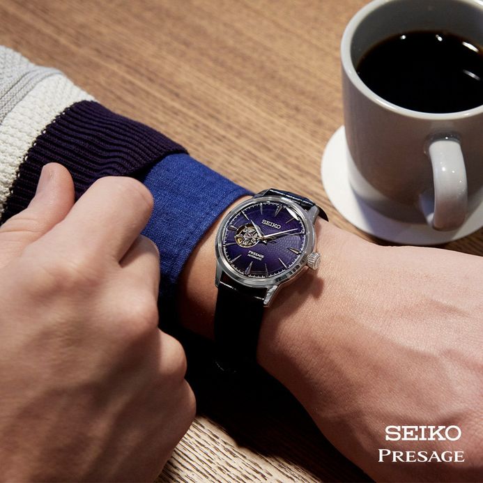 Seiko Presage SSA405J1 Cocktail Time Blue Moon Open Heart Dial Blue Leather Strap