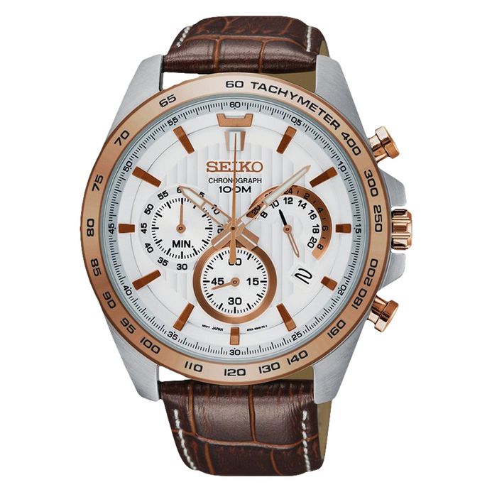 Seiko Chronograph SSB306P1 Men White Dial Brown Leather Strap