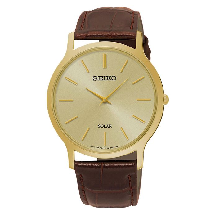 Seiko Solar SUP870P1 Man Gold Dial Brown Genuine Leather Strap