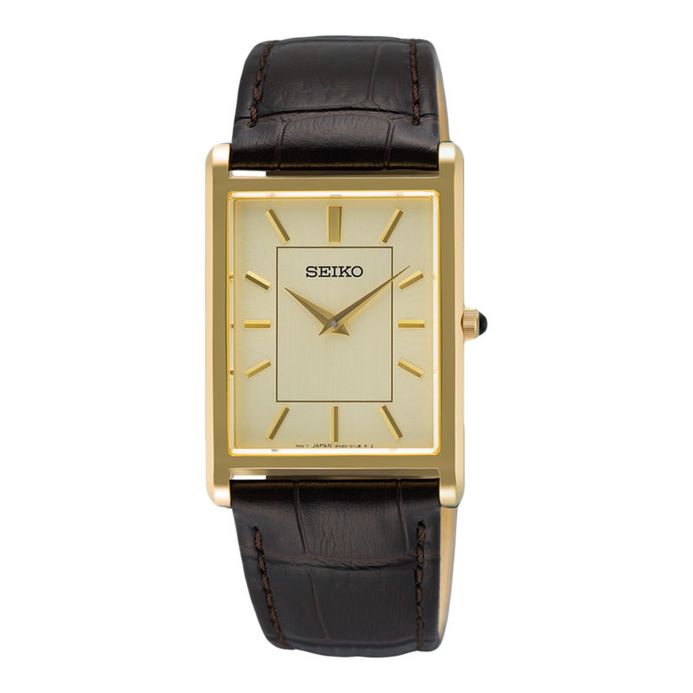 Seiko Classic SWR106P1 Tank Men Yellow Gold Dial Dark Brown Leather Strap