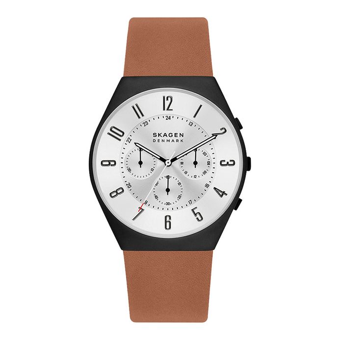 Skagen Grenen SKW6823 Chronograph Men Silver Dial Brown Leather Strap