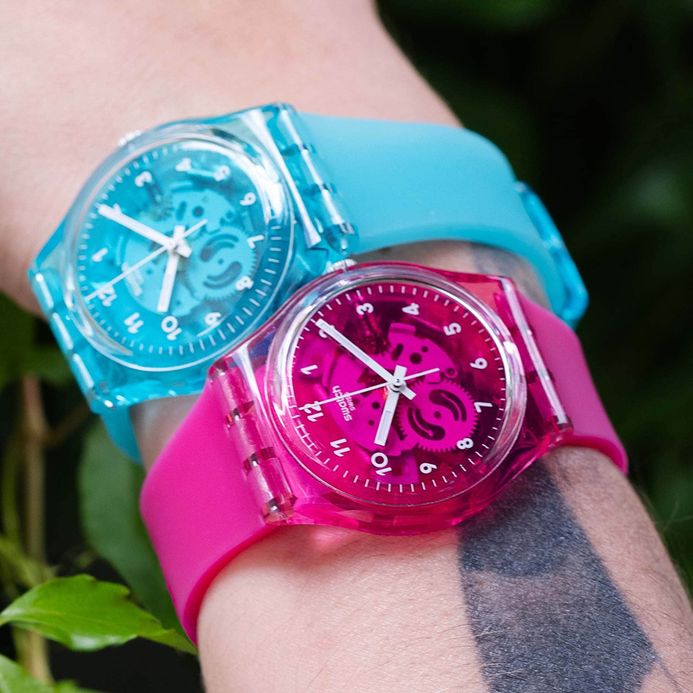 Swatch GP166 Ladies Gum Flavour Skeleton Pink Dial Pink Rubber Strap