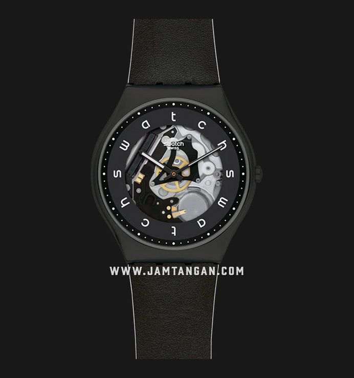Swatch Esentials SS07B101 White Side Skeleton Black Dial Black Leather Strap