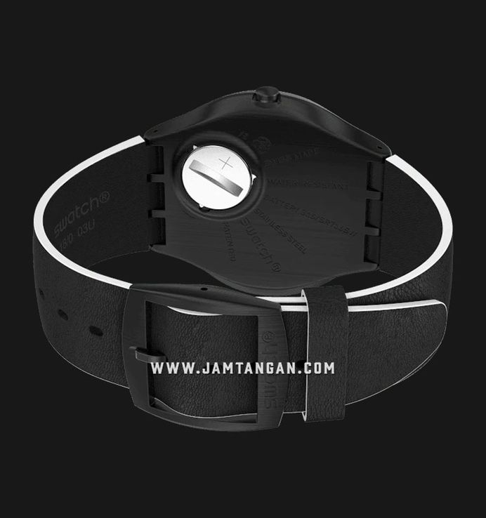 Swatch Esentials SS07B101 White Side Skeleton Black Dial Black Leather Strap