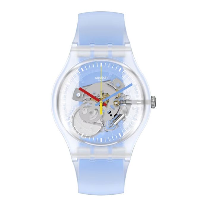 Swatch Monthly Drops SUOK156 Clearly Blue Striped Skeleton Transparent Dial  Silicone Strap