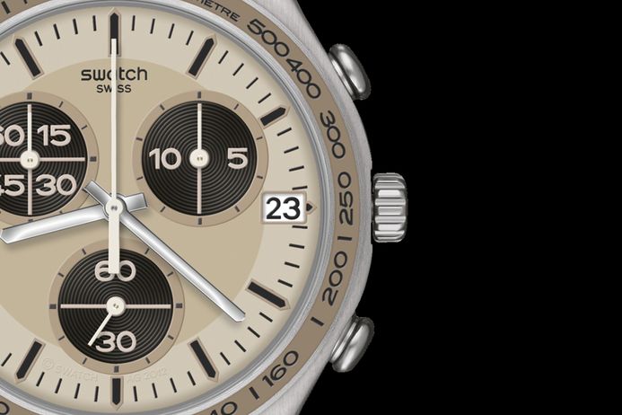 Swatch Irony YCS574 Men Wild Ride Chronograph Beige Dial Beige Leather Strap